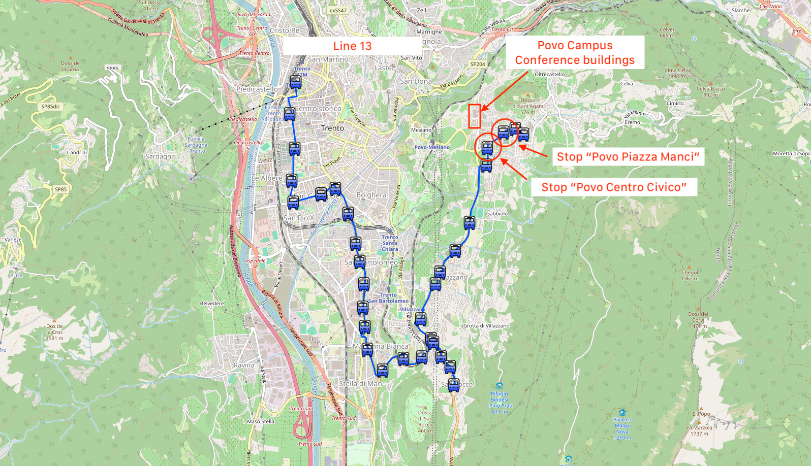 Map showing bus line 13 from Trento to Povo campus and the recommended stops
