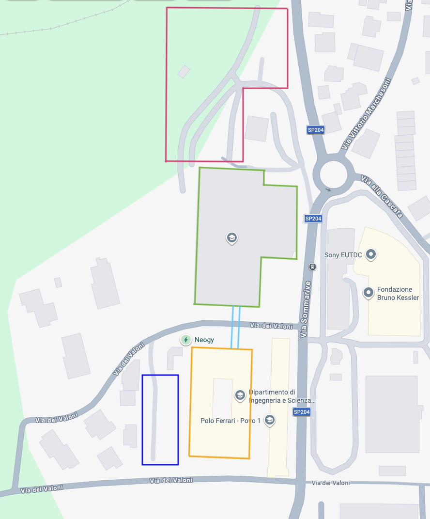Map of Povo 1, Povo 2, their connecting bridge, and the nearby parking areas